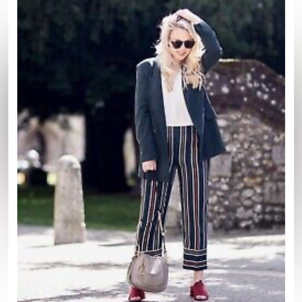 Zara Striped Ankle Pants - Turquoise, White, Orange